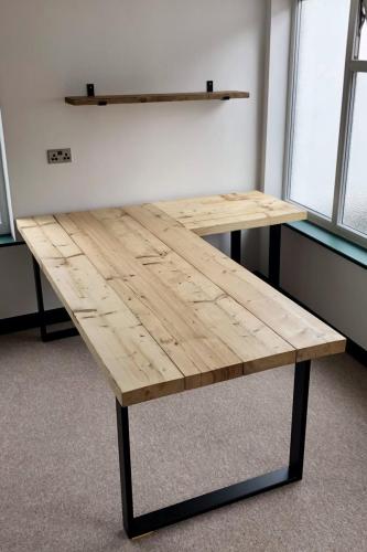 Scaffold Board Office Desk with Steel Industrial Box Section Legs and Rustic Shelf