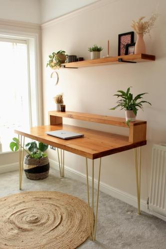 Solid Wood Chunky Office Desk with Hairpin Legs and Matching Chunky Shelf